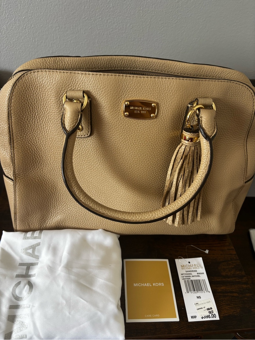 Michael Kors Tan Pebble Leather Satchel with Tassel